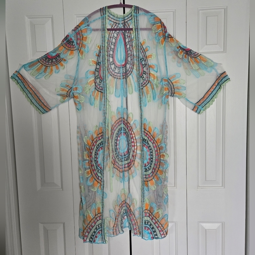 NWT Boho Embroidered Sheer Coverup / Duster /Kimono - Picture 4 of 10
